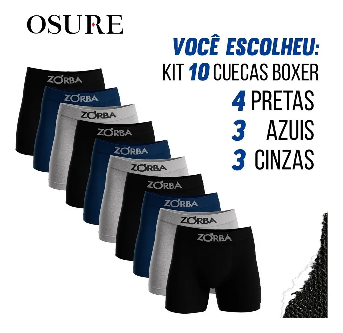 Kit 10 Cuecas Zorba Boxer — 4 pretas, 3 azuis e 3 cinzas